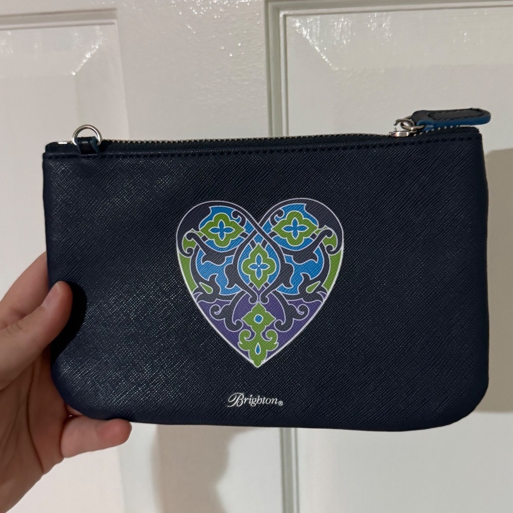 Brighton Navy Blue Saffiano Leather Heart Graphic Zipper Pouch Clutch Bag